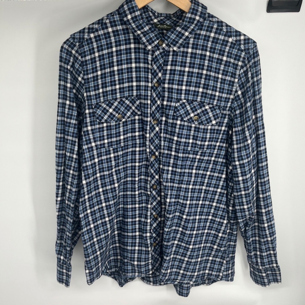 Eddie Bauer Blue White Plaid Flannel Button Down Shirt Womens XL Long Sleeve